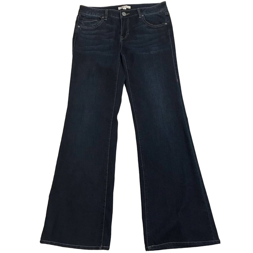 CAbi flare leg dark rinse bootcut jeans with distressing on front legs size 4